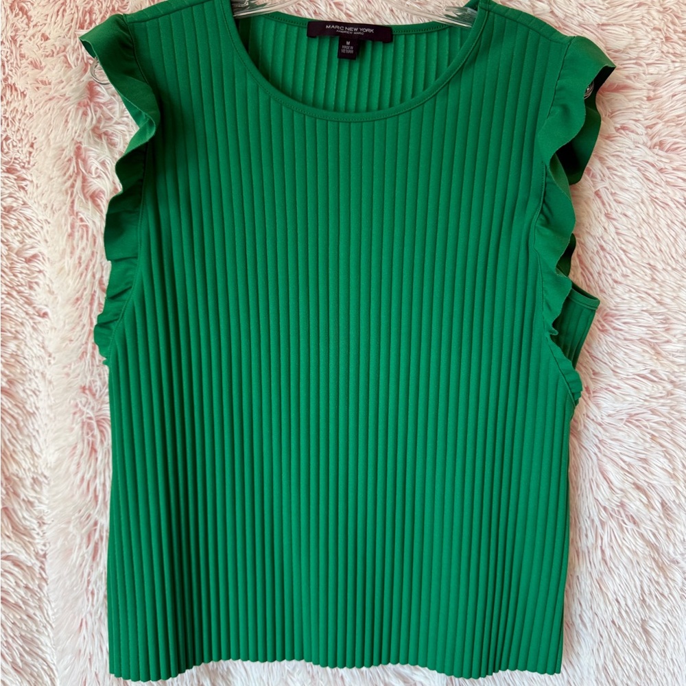 Marc New York Andrew Marc Green Pleated Ruffle Sleeve Sleeveless Top